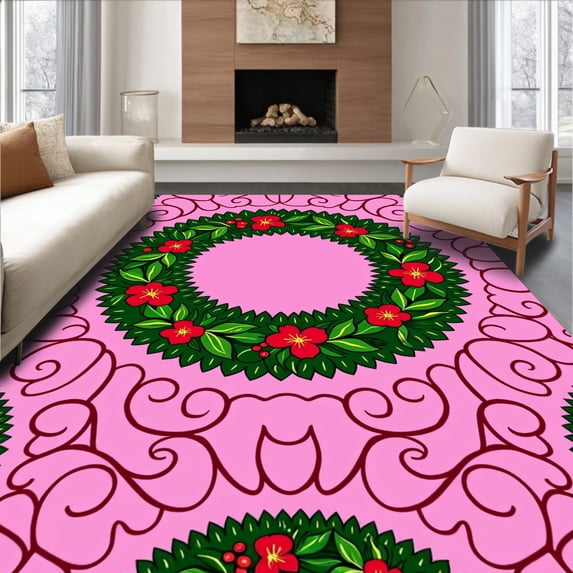 ODIKA 5'x7' Machine Washable Non-Slip Area Rug, Vintage Christmas Wreath with Holly Berries and Ribbon Details High Traffic Rug with Pad, Pink, 731413