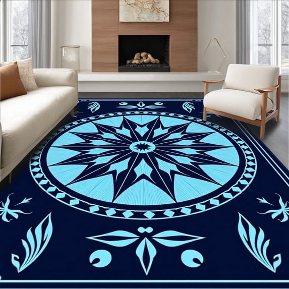 ODIKA 5'x7' Machine Washable Non-Slip Area Rug, Vintage Compass Rose Navigation Burst Design High Traffic Rug with Pad, Blue, 561165