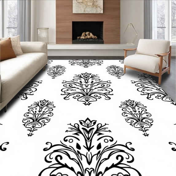 ODIKA 5'x7' Machine Washable Non-Slip Area Rug, Vintage Damask Elegant Upscale Chic Luxury Decorative High Traffic Rug, Black, 560187