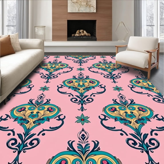 ODIKA 5'x7' Machine Washable Non-Slip Area Rug, Vintage Damask Medallion Machine Accent High Traffic Rug with Pad, Pink, 486575