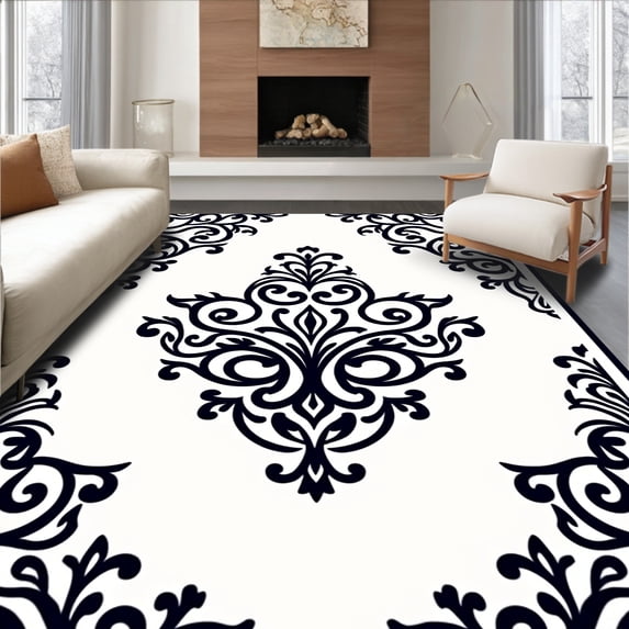 ODIKA 5'x7' Machine Washable Non-Slip Area Rug, Vintage Damask Scrollwork with Ornate Central Motif High Traffic Rug, Black, 558518