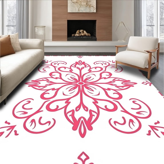 ODIKA 5x7 Machine Washable Non-Slip Area Rug, Vintage Damask Spiral Ornamental Embellishment High Traffic Rug, Pink, 543035