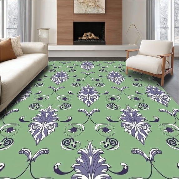 ODIKA 5'x7' Machine Washable Non-Slip Area Rug, Vintage Damask Swirl Motif Decorative High Traffic Rug, Green, 598370