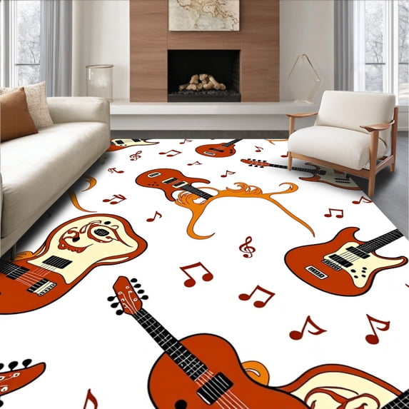 ODIKA 5'x7' Machine Washable Non-Slip Area Rug, Vintage Electric Guitar Symphony Artistic Decorative Floor Covering High Traffic Rug with Pad, Orange, 545008