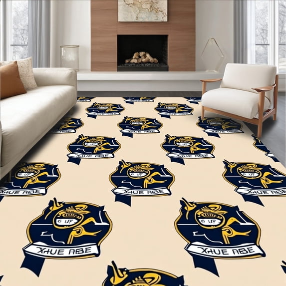 ODIKA 5'x7' Machine Washable Non-Slip Area Rug, Vintage Gridiron Emblem Interlocking Banner High Traffic Rug, Beige, 669240