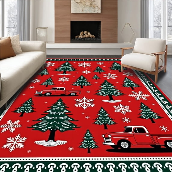 ODIKA 5'x7' Machine Washable Non-Slip Area Rug, Vintage Holiday Truck and Pine Motif with Snowflake Accents Festive High Traffic Rug, Red, 739400