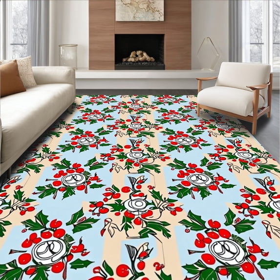 ODIKA 5'x7' Machine Washable Non-Slip Area Rug, Vintage Holly Berry Wreath Seasonal Floor Pair High Traffic Rug with Pad, Red, 621339