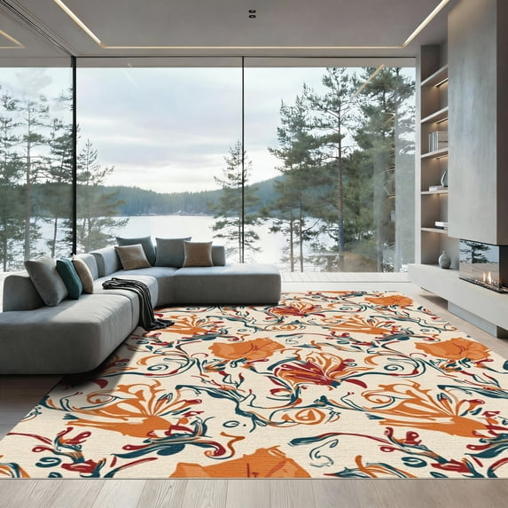 ODIKA 5'x7' Machine Washable Non-Slip Area Rug, Vintage Inspired Marine Highlighting Seashells and Ocean Ripples High Traffic Rug with Pad, Beige, 905970