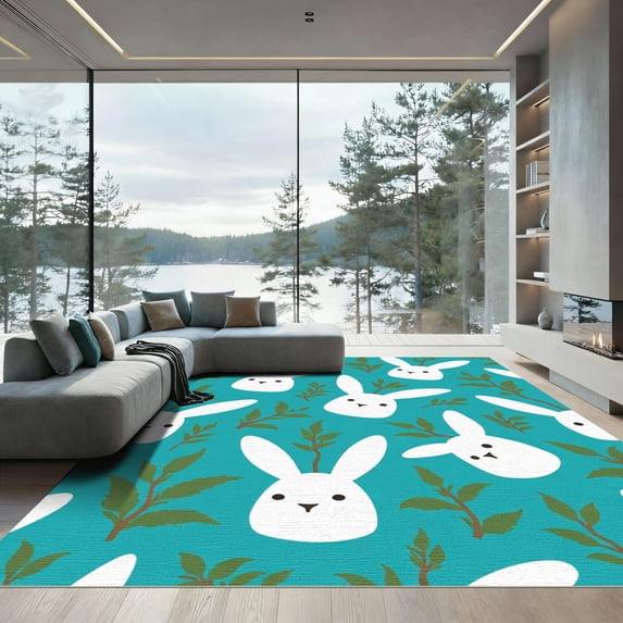ODIKA 5'x7' Machine Washable Non-Slip Area Rug, Vintage Inspired Rabbit with Nature High Traffic Rug with Pad, Blue, 913120