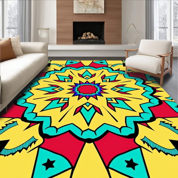 ODIKA 5'x7' Machine Washable Non-Slip Area Rug, Vintage Kaleidoscope Burst Featuring Prismatic Explosion High Traffic Rug with Pad, Yellow, 534651