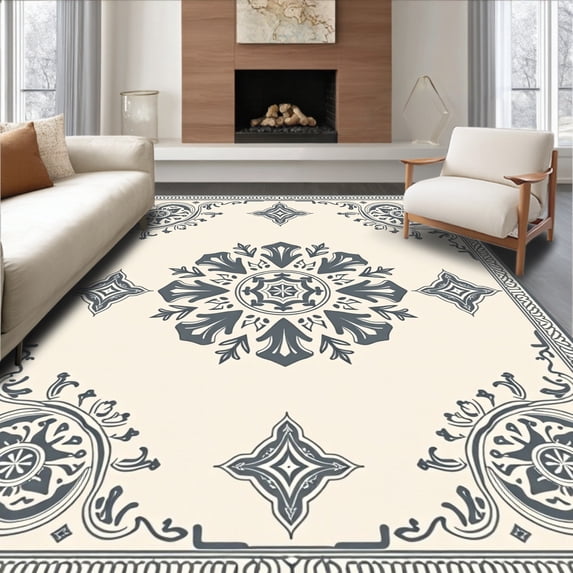 ODIKA 5x7 Machine Washable Non-Slip Area Rug, Vintage Medallion Charm Artisan High Traffic Rug, Beige, 657415