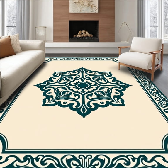 ODIKA 5'x7' Machine Washable Non-Slip Area Rug, Vintage Medallion Fluffy Floor Covering High Traffic Rug, Beige, 522320
