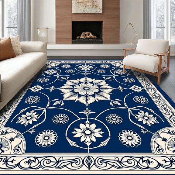 ODIKA 5x7 Machine Washable Non-Slip Area Rug, Vintage Medallion Heritage Ornate Symmetrical Interwoven Classic High Traffic Rug, Blue, 563485