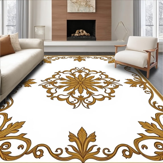 ODIKA 5'x7' Machine Washable Non-Slip Area Rug, Vintage Medallion Ornate Scroll Work Fluffy Covering High Traffic Rug with Pad, Gold, 586428