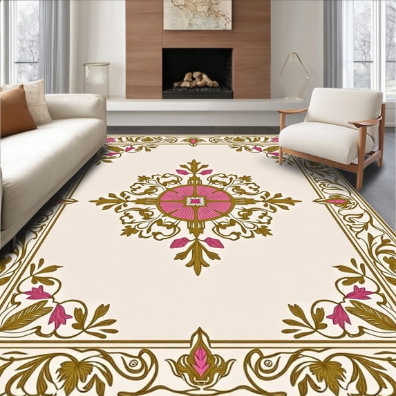 ODIKA 5'x7' Machine Washable Non-Slip Area Rug, Vintage Medallion Tapestry with Intricate Botanical Scrollwork Design High Traffic Rug with Pad, Pink, 657996