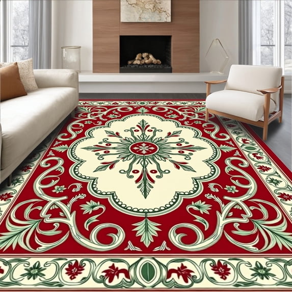 ODIKA 5'x7' Machine Washable Non-Slip Area Rug, Vintage Medallion Tapestry With Interlocking Scrollwork Motifs High Traffic Rug with Pad, Red, 492517