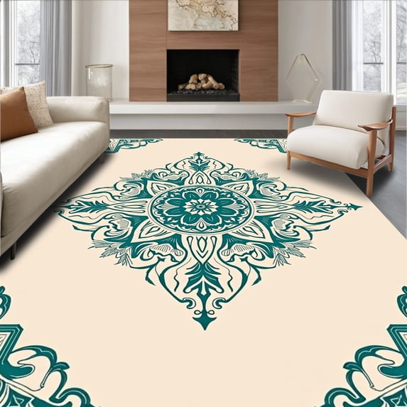 ODIKA 5'x7' Machine Washable Non-Slip Area Rug, Vintage Medallion With Distressed Ethnic Motifs High Traffic Rug with Pad, Ivory, 523351