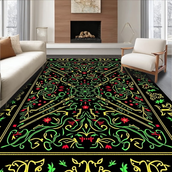 ODIKA 5'x7' Machine Washable Non-Slip Area Rug, Vintage Merry with Interlocking Holly and Starbursts High Traffic Rug, Black, 623631
