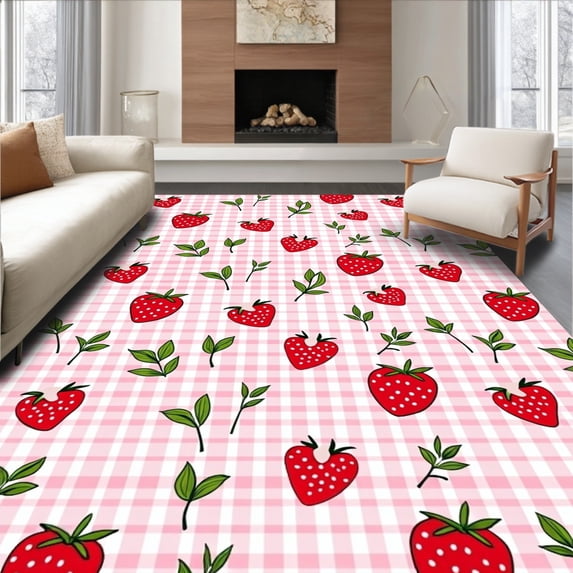 ODIKA 5'x7' Machine Washable Non-Slip Area Rug, Vintage Picnic Gingham Medley With Whimsical Strawberry Accents High Traffic Rug with Pad, Pink, 708859