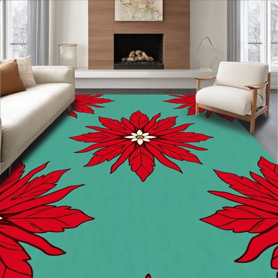 ODIKA 5'x7' Machine Washable Non-Slip Area Rug, Vintage Poinsettia Bloom Merry Holiday Pair High Traffic Rug, Red, 625486