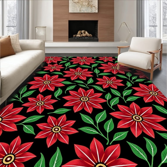 ODIKA 5'x7' Machine Washable Non-Slip Area Rug, Vintage Poinsettia Bloom Motif Slip Resistant Seasonal Trio High Traffic Rug with Pad, Black, 621811