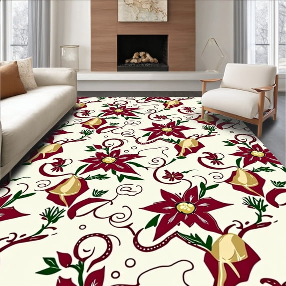 ODIKA 5'x7' Machine Washable Non-Slip Area Rug, Vintage Poinsettia Blooms with Golden Bell Accents Slip Resistant Pair High Traffic Rug, Burgundy, 632637