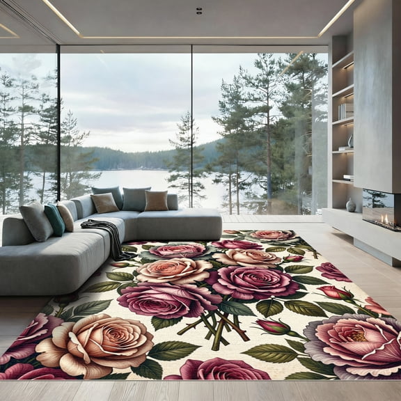 ODIKA 5'x7' Machine Washable Non-Slip Area Rug, Vintage Rose High Traffic Rug, Pink, 999175