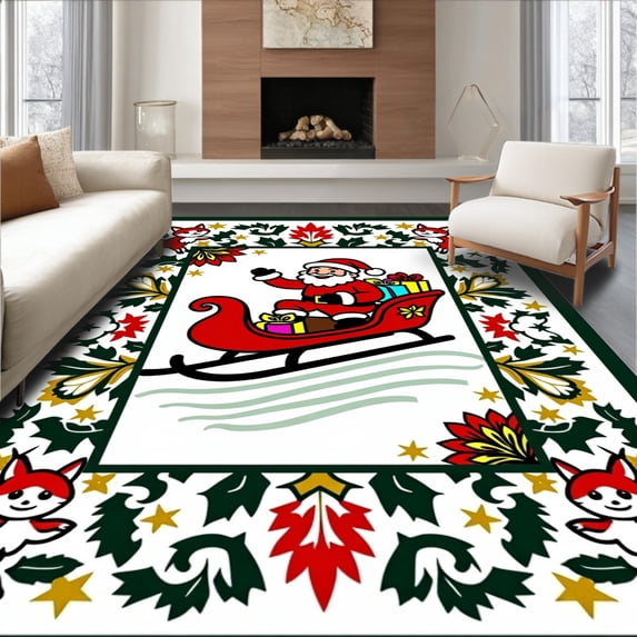 ODIKA 5'x7' Machine Washable Non-Slip Area Rug, Vintage Sleigh Adventure with Santa and Cheerful Forest Animals High Traffic Rug with Pad, Red, 732427