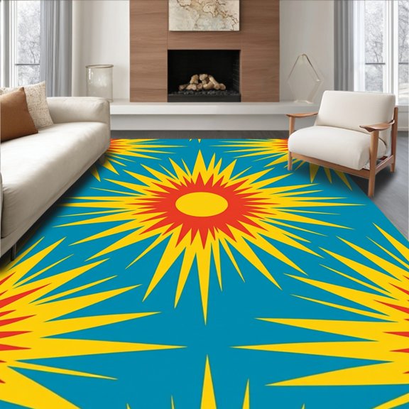 ODIKA 5x7 Machine Washable Non-Slip Area Rug, Vintage Starburst Atomic Retro High Traffic Rug, Blue, 458004