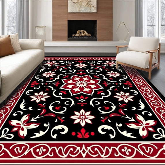 ODIKA 5'x7' Machine Washable Non-Slip Area Rug, Vintage Winterberry Blossom with Holiday Scrollwork Accents High Traffic Rug, Black, 611188
