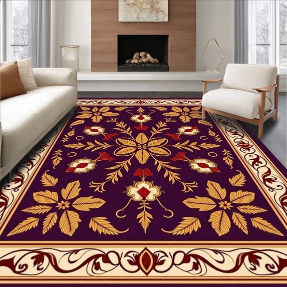 ODIKA 5'x7' Machine Washable Non-Slip Area Rug, Vintage Yuletide Botanical Accent High Traffic Rug with Pad, Purple, 615015