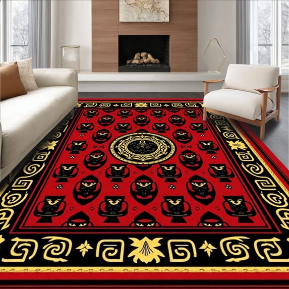 ODIKA 5'x7' Machine Washable Non-Slip Area Rug, Vivid Heritage Crest with Interlocking Mascot Motifs High Traffic Rug, Red, 669313