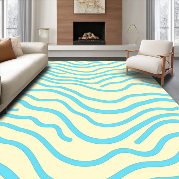 ODIKA 5'x7' Machine Washable Non-Slip Area Rug, Wave Flat High Traffic Rug, Blue, 661116