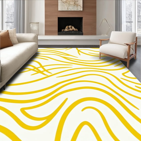 ODIKA 5'x7' Machine Washable Non-Slip Area Rug, Waves Abstract Swirl Modern Minimalist Brushstroke High Traffic Rug, Yellow, 564579