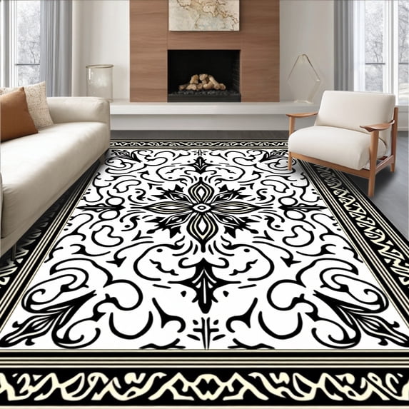 ODIKA 5'x7' Machine Washable Non-Slip Area Rug, Wavy Abstract Distressed Vintage Medallion High Traffic Rug, Multi, 493092