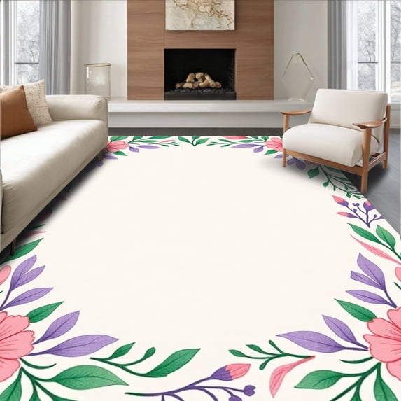 ODIKA 5'x7' Machine Washable Non-Slip Area Rug, Whimsical ABC Garden With Floral Lettering And Numbered Petal Accents High Traffic Rug with Pad, Pink, 691691