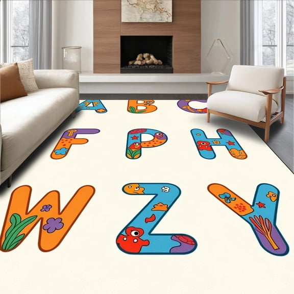 ODIKA 5'x7' Machine Washable Non-Slip Area Rug, Whimsical ABC Learning Circle Joyful Exploration Surface High Traffic Rug, Orange, 688430