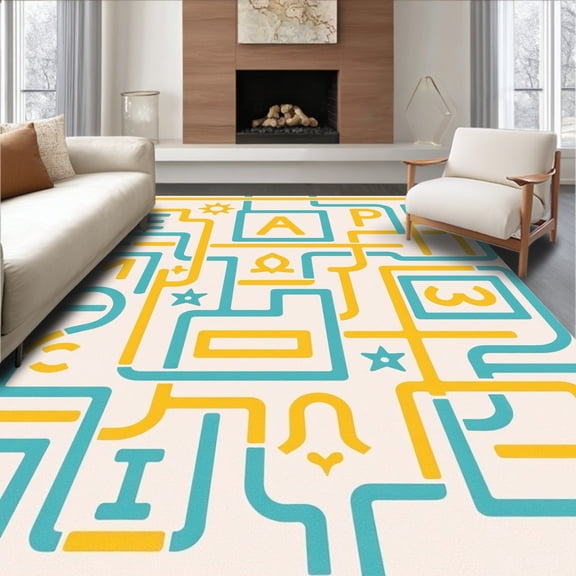 ODIKA 5'x7' Machine Washable Non-Slip Area Rug, Whimsical ABC Maze Design Featuring Interlocking Paths and Letter Icons High Traffic Rug, Yellow, 690235