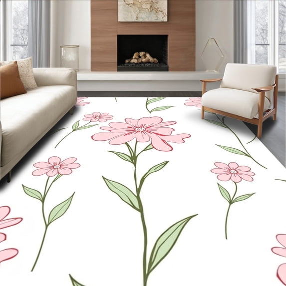 ODIKA 5x7 Machine Washable Non-Slip Area Rug, Whimsical Blossom Wonderland Fairytale Meadow Dreamscape High Traffic Rug, Pink, 550133