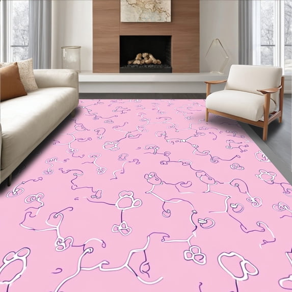 ODIKA 5'x7' Machine Washable Non-Slip Area Rug, Whimsical Cat Tunnel Maze with Playful Paw Motifs and Interlocking Trails High Traffic Rug with Pad, Pink, 679397