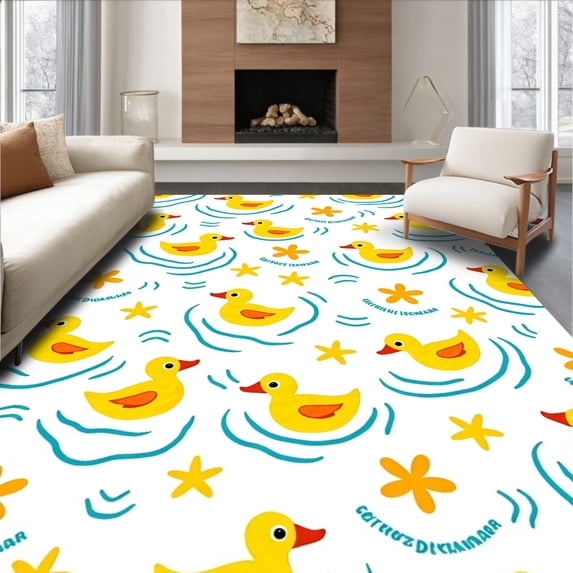 ODIKA 5'x7' Machine Washable Non-Slip Area Rug, Whimsical Farm Waterfowl Shower Ensemble Bathing Accessories Kit High Traffic Rug, Yellow, 722077
