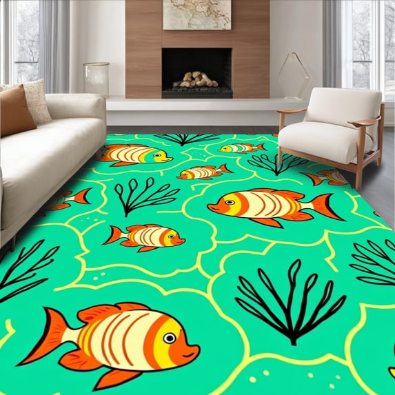 ODIKA 5'x7' Machine Washable Non-Slip Area Rug, Whimsical Fish Embroidery Project High Traffic Rug with Pad, Turquoise, 726028