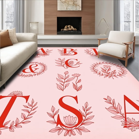 ODIKA 5'x7' Machine Washable Non-Slip Area Rug, Whimsical Floral Alphabet Crawl Surface Development Circular High Traffic Rug with Pad, Pink, 688792