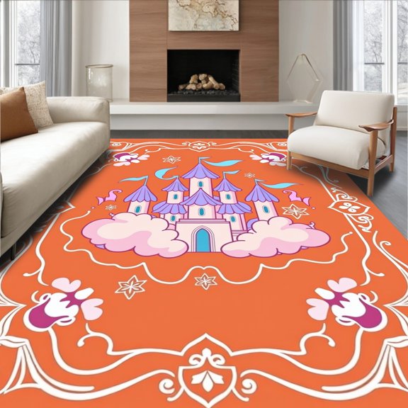 ODIKA 5x7 Machine Washable Non-Slip Area Rug, Whimsical Fortress with Enchanted Towers and Stars High Traffic Rug, Orange, 724579