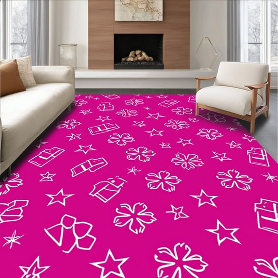 ODIKA 5'x7' Machine Washable Non-Slip Area Rug, Whimsical Gift Bow Starlight Celebration Fancy Decorative High Traffic Rug with Pad, Pink, 611602