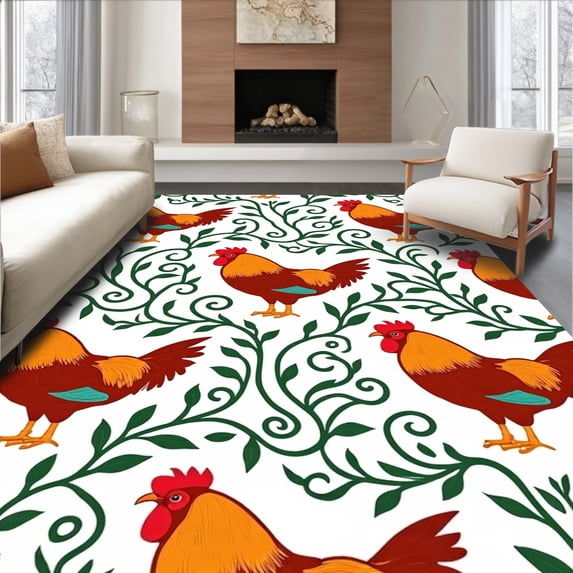 ODIKA 5'x7' Machine Washable Non-Slip Area Rug, Whimsical Hen and Rooster with Ornate Leafy Accents High Traffic Rug with Pad, Brown, 731805