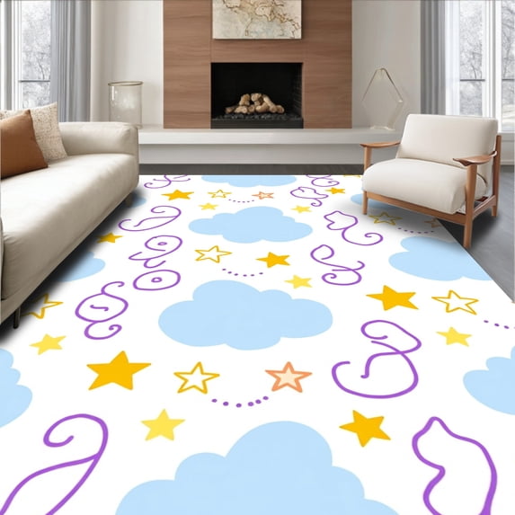 ODIKA 5'x7' Machine Washable Non-Slip Area Rug, Whimsical Kawaii Pastel Clouds and Stars Design High Traffic Rug with Pad, Blue, 396258