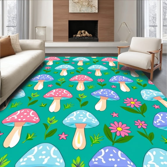 ODIKA 5'x7' Machine Washable Non-Slip Area Rug, Whimsical Mushroom Meadow with Wildflower and Fern Motifs High Traffic Rug, Pink, 719391