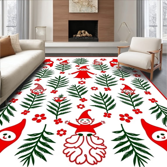 ODIKA 5'x7' Machine Washable Non-Slip Area Rug, Whimsical Nordic Elf Motifs with Festive Pine Branch Accents High Traffic Rug with Pad, Red, 736118