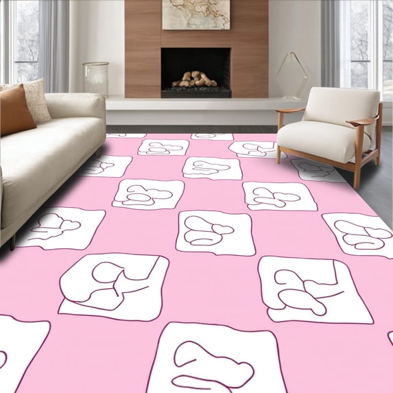 ODIKA 5'x7' Machine Washable Non-Slip Area Rug, Whimsical Pop Art Cloud Patchwork with Interlocking Pastel High Traffic Rug, Pink, 456856